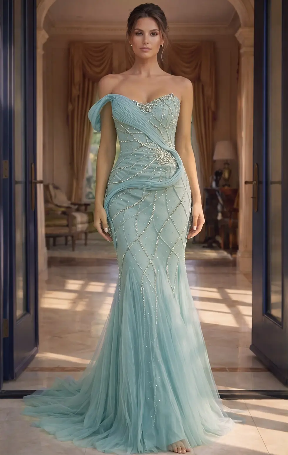 Thumbnail: Jovani Beaded Mermaid Gown With Draped Off Shoulder Detail 50206