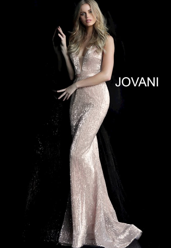 JOVANI Champagne Fitted Sequin Prom Dress