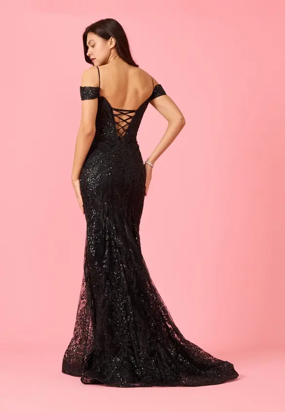 Thumbnail: Kos Couture Off Shoulder Sequin Corset Formal Gown