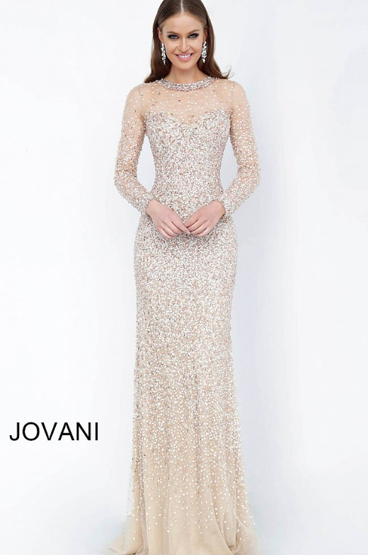 Miniatura: Blush Gold Long Sleeve Beaded Evening Dress 59756