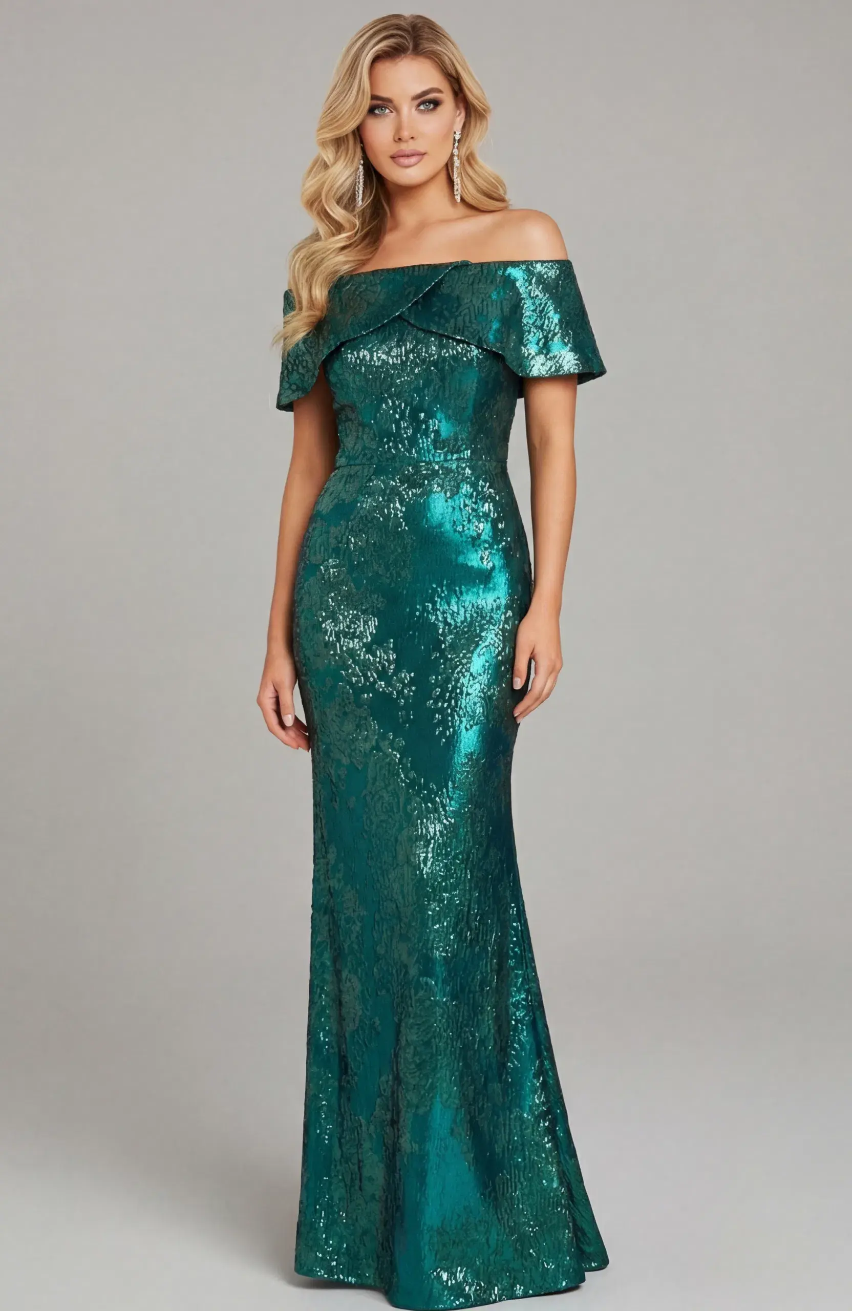 Jovani Off Shoulder Metallic Column Gown With Structured Bodice 44757