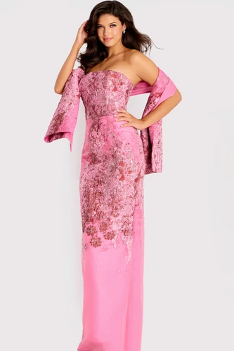 Jovan Strapless Metallic Pink Brocade Gown 46258