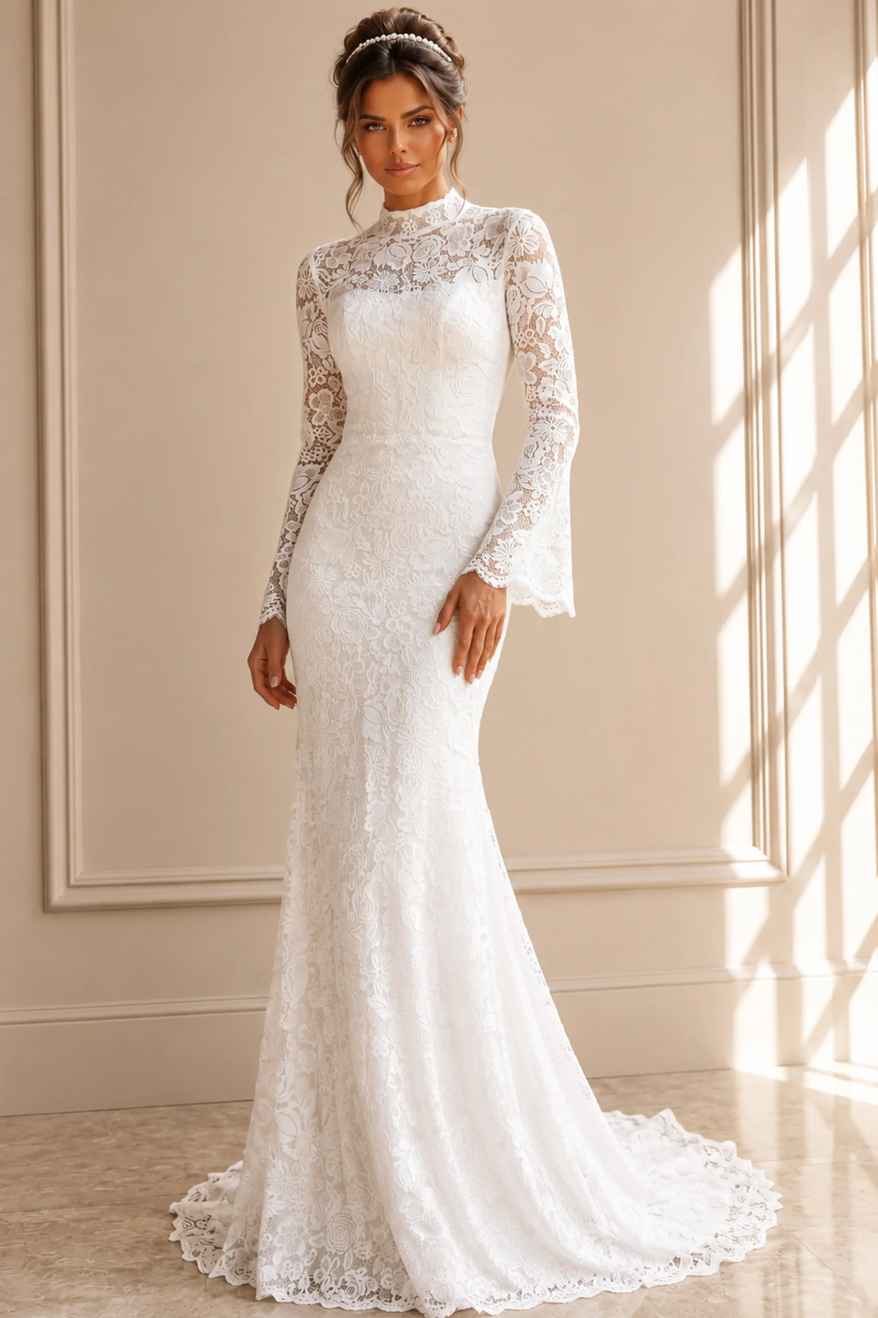 Jovani High Neck Lace Sheath Bridal Gown JB45767