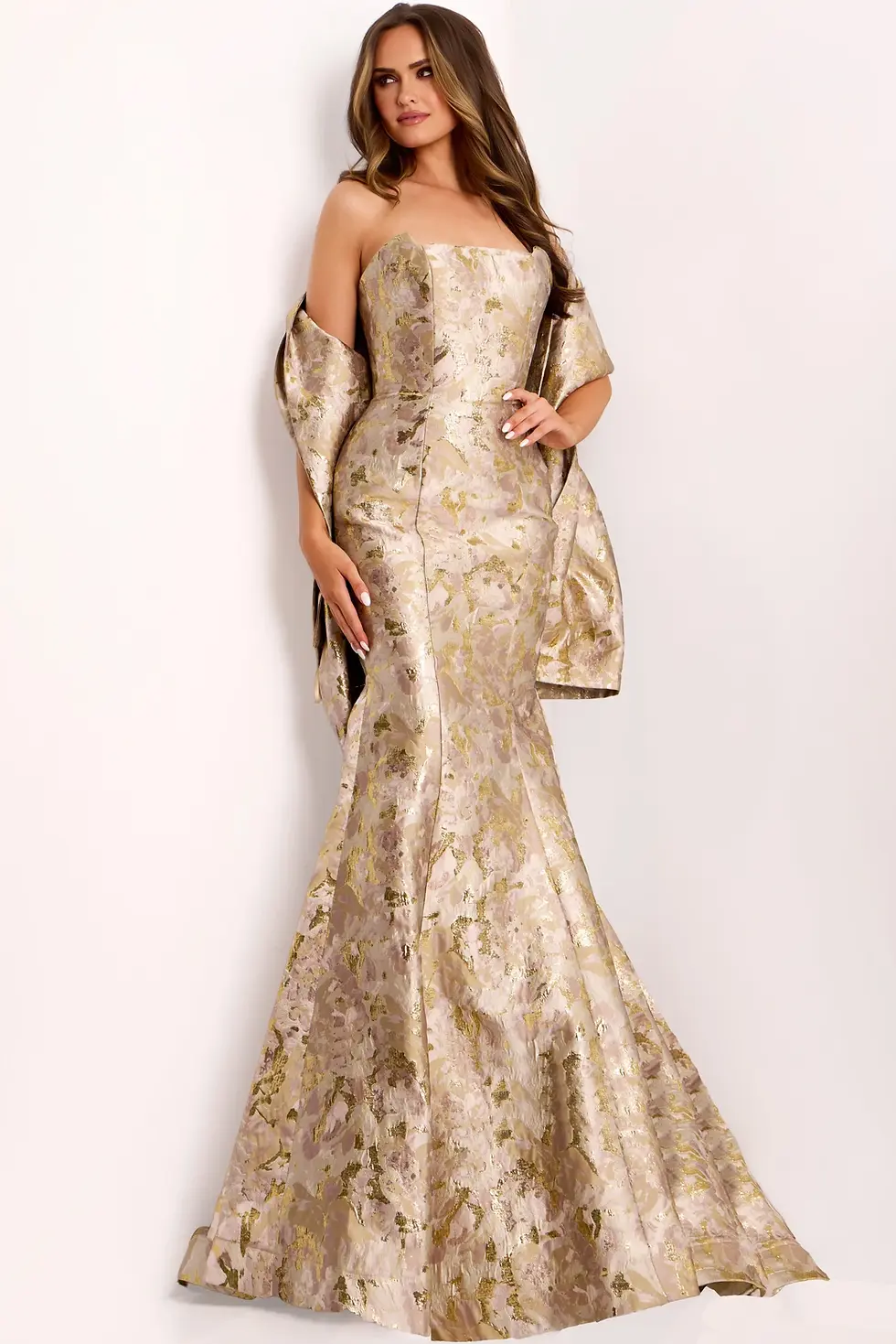Thumbnail: Jovani Metallic Floral Strapless Mermaid Gown With Bow Back 41131