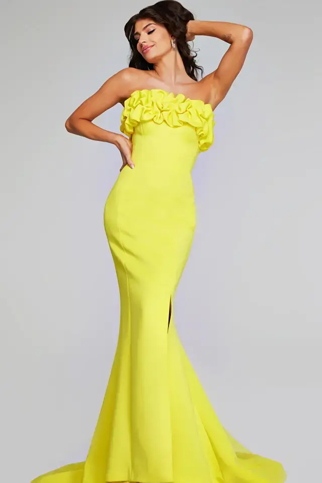 Thumbnail: Jovani Stunning Strapless Yellow Gown with Ruffled Bodice - 38922