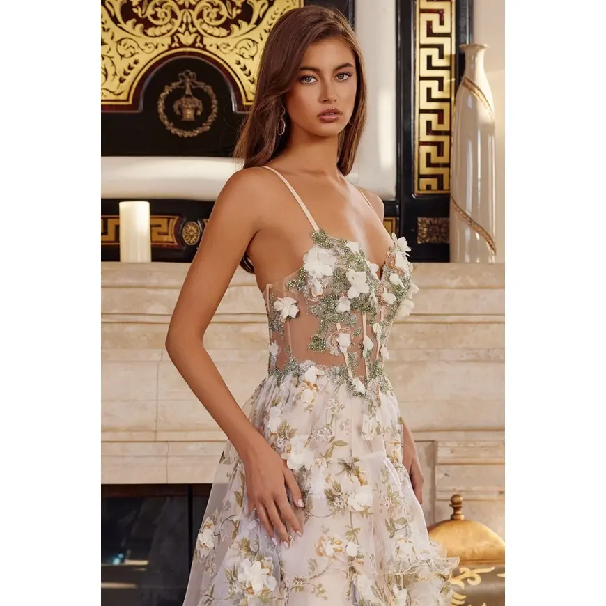 Thumbnail: 3D Floral Applique A Line Prom Dress