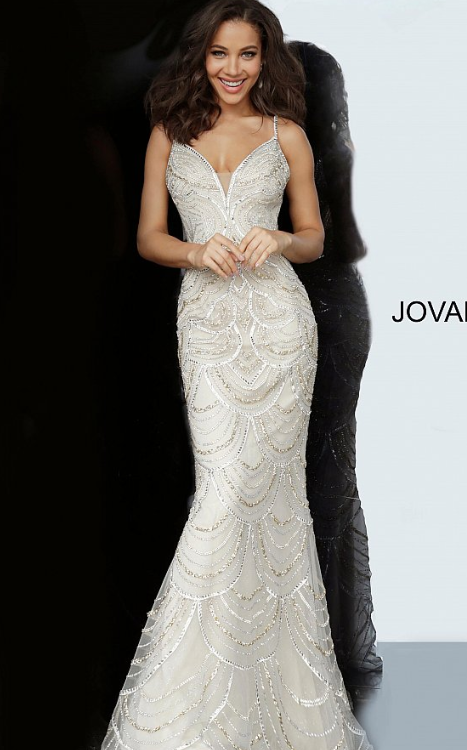JOVANI Plunging Neckline Embellished Prom Dress 00861