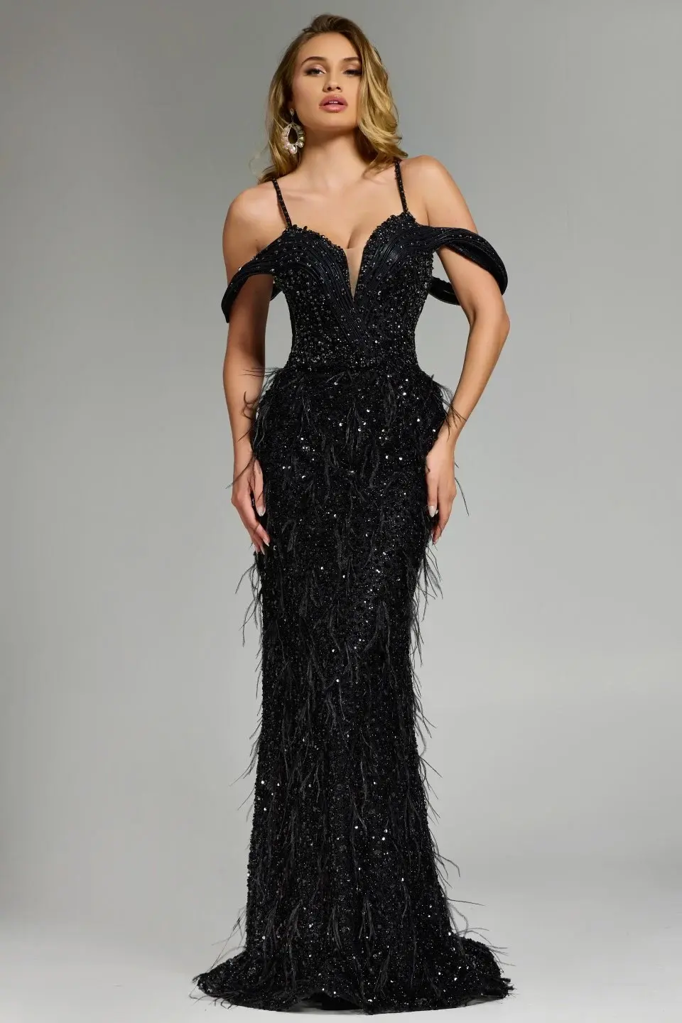 Thumbnail: Jovani 44848 - Feathered Cold Shoulder Evening Gown