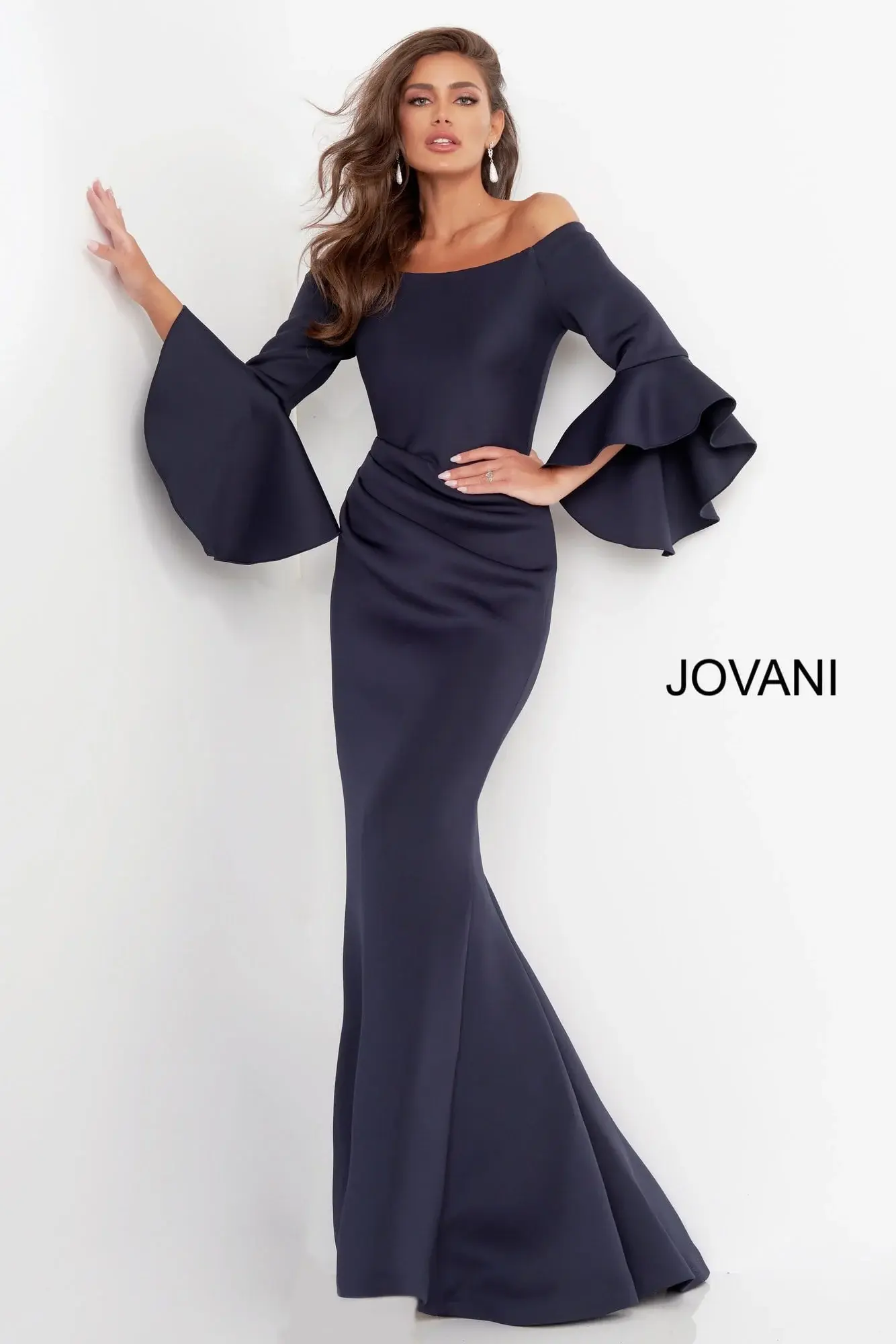 Jovani 59993 Scuba Off the Shoulder Bell Sleeves Mother of the Bride/Groom Gown