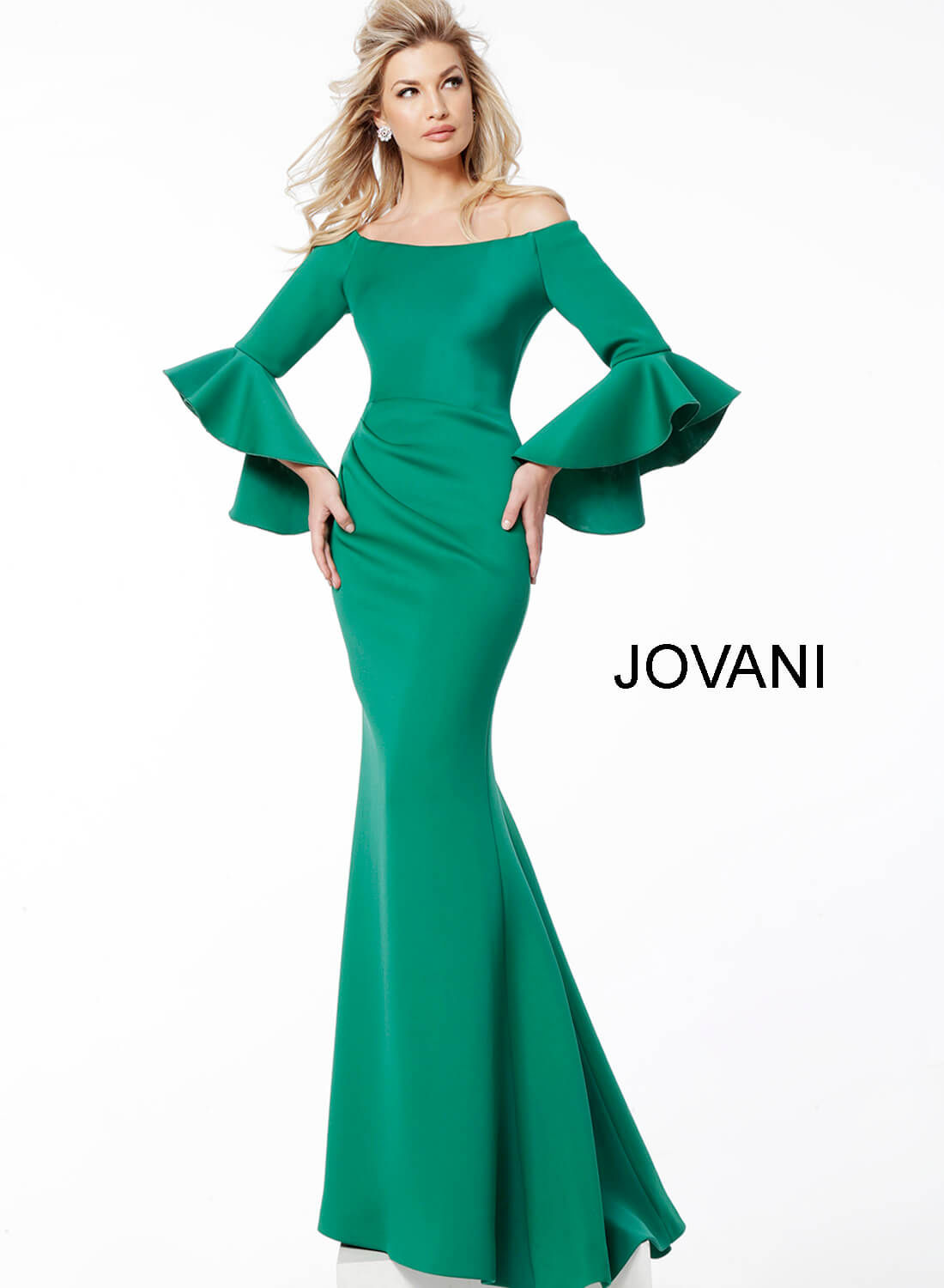 Green Scuba Off the Shoulder Bell Sleeves Evening Dress 59993