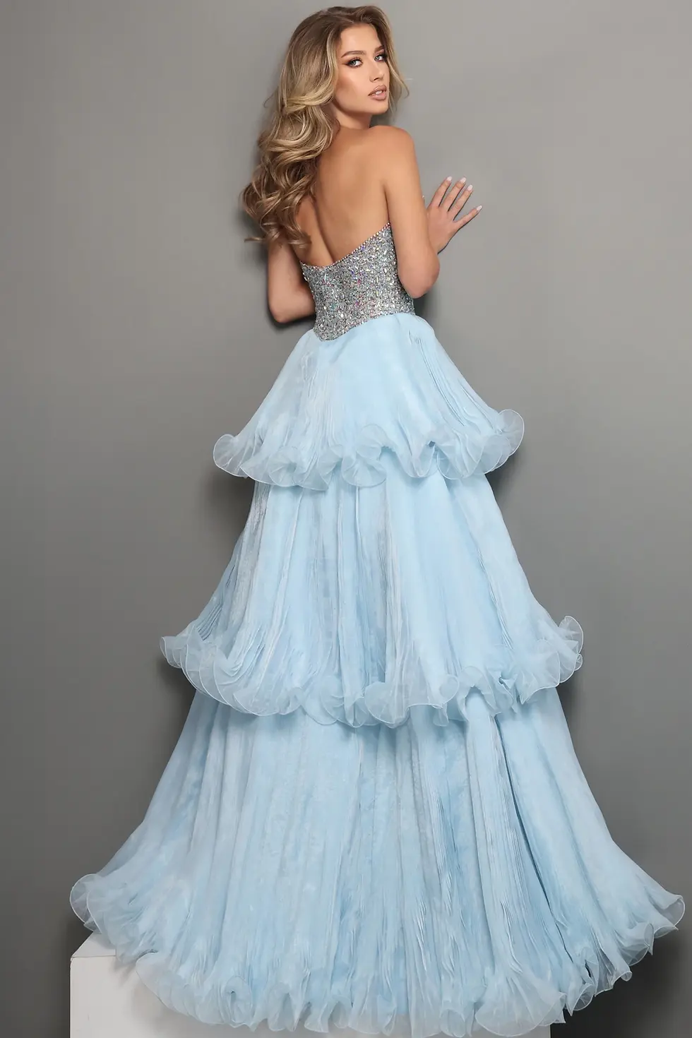 Thumbnail: Jovani Tiered Chiffon Ball Gown With Beaded Bodice 48948