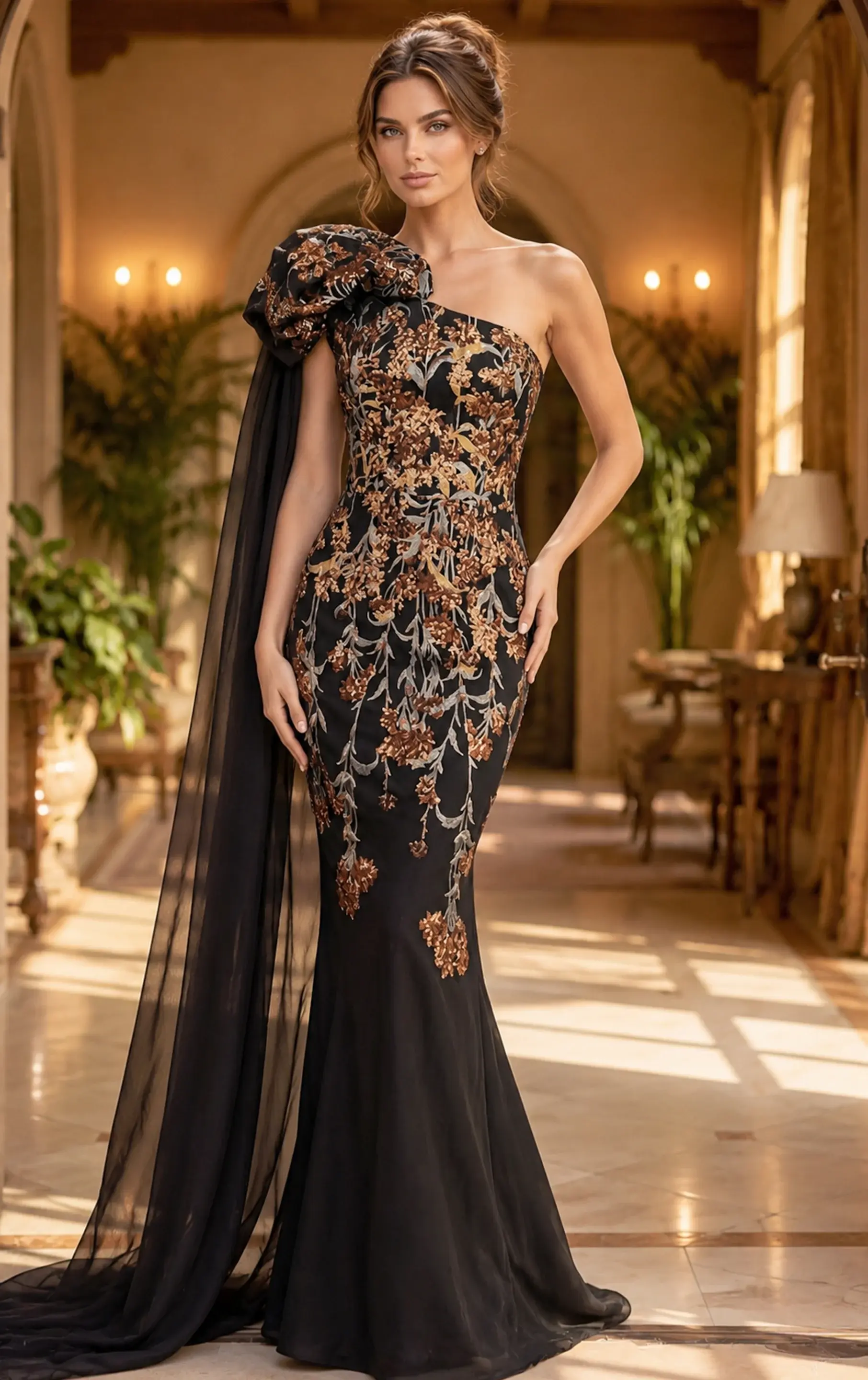 Jovani Floral Applique One Shoulder Cape Gown 46243