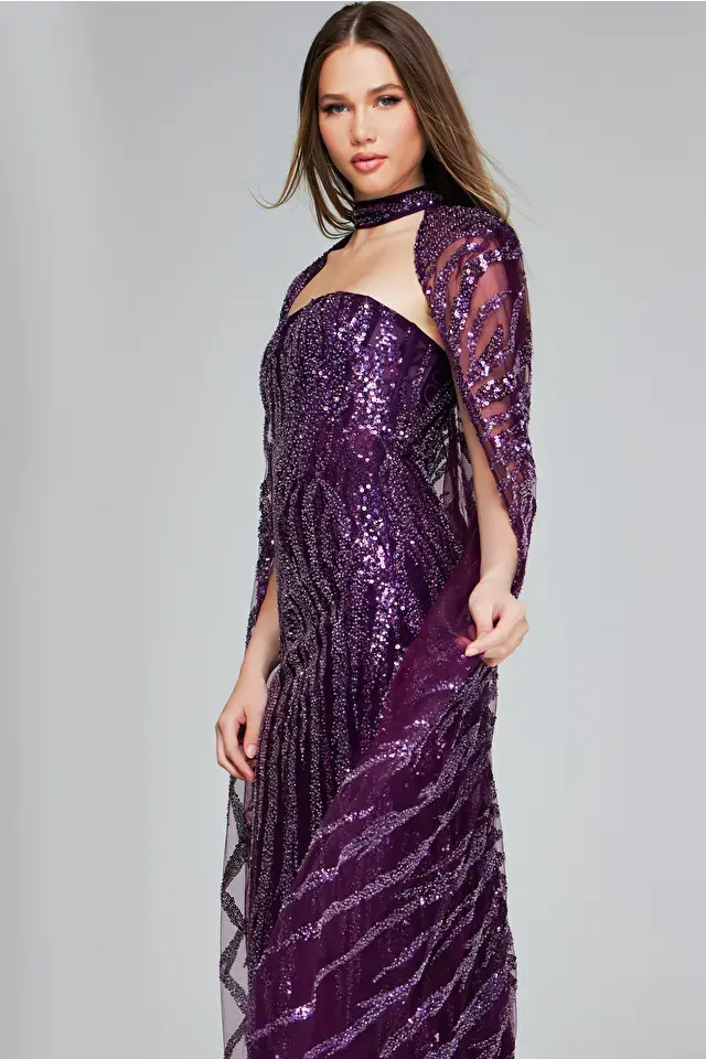 Thumbnail: Jovani Enchanting Purple Sequin Gown with Dramatic Cape - 39046