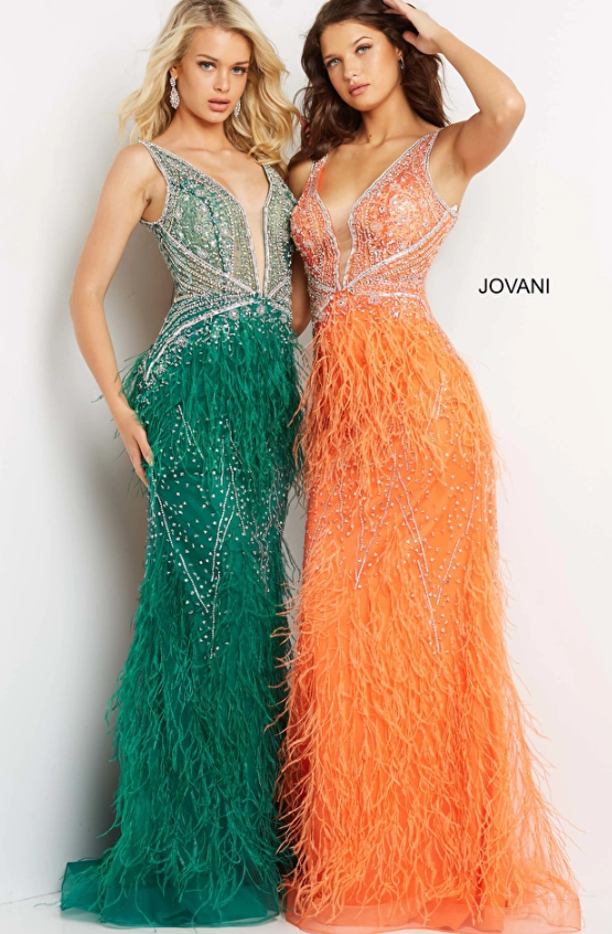 Miniatura: Jovani 03023 Blush Plunging Neck Embellished Evening Dress