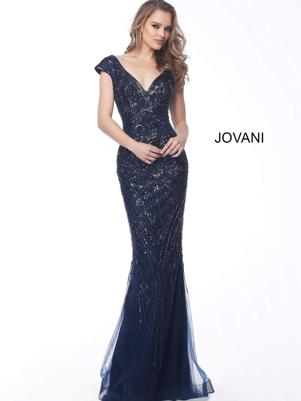 Miniatura: Navy V Neck Cap Sleeve Beaded Evening Dress 68197