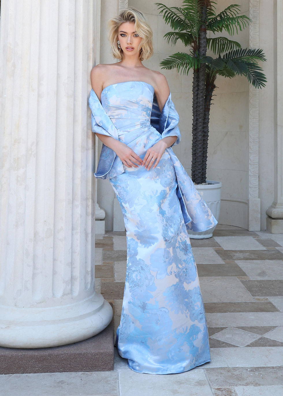 Thumbnail: Jovan Elegant Strapless Gown with Sheen Floral Overlay 45289