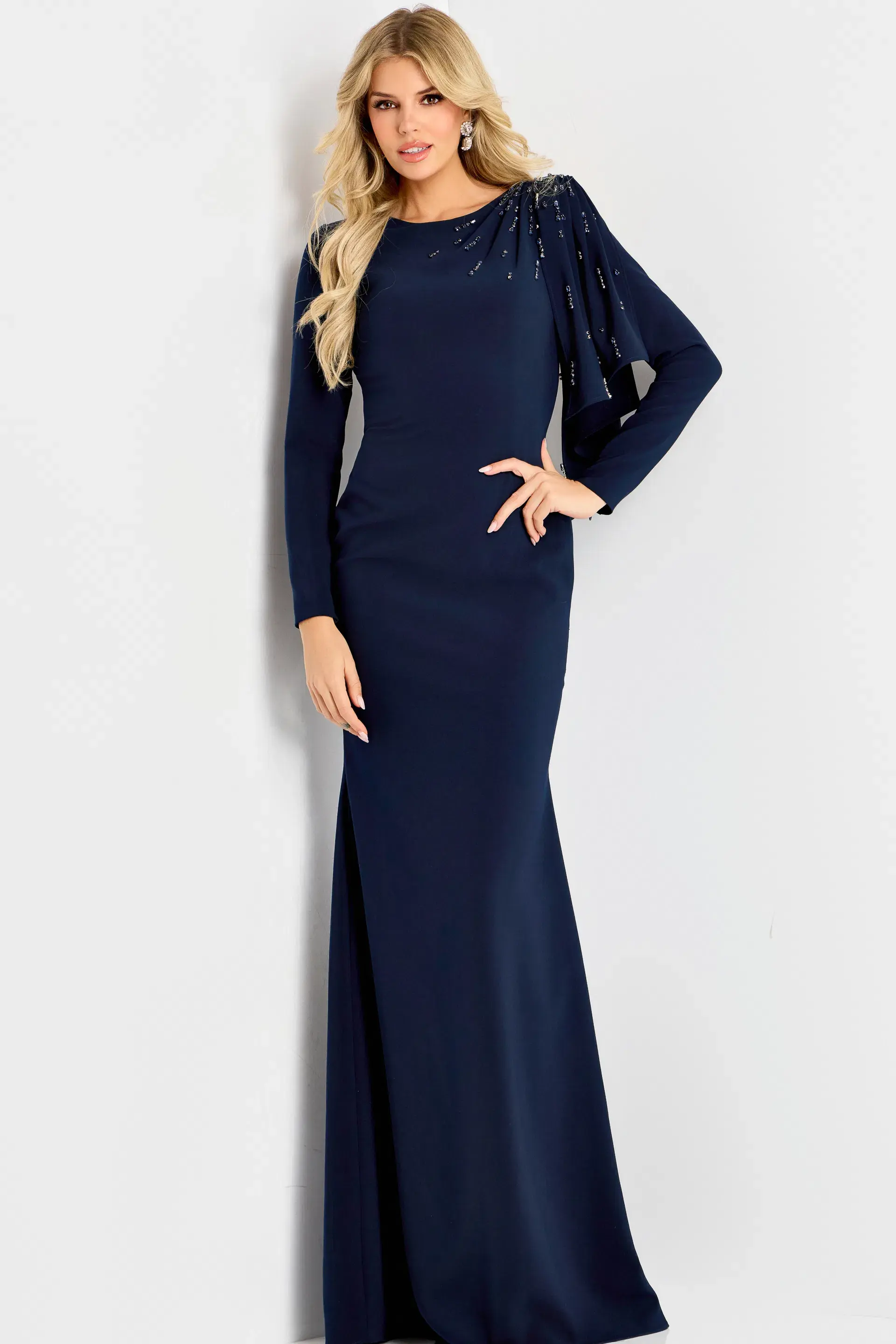 Jovani Long Sleeve Gown With Draped Shoulder Detail 46738