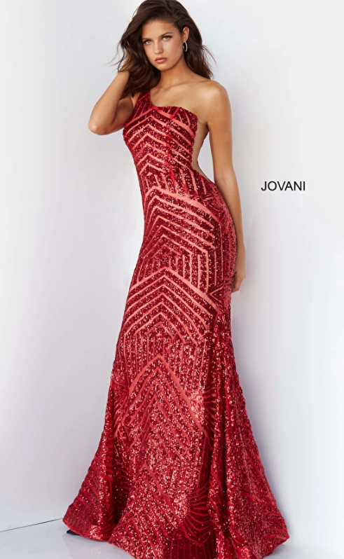 JOVANI 06017 Red Sequin Embellished Long Prom Gown