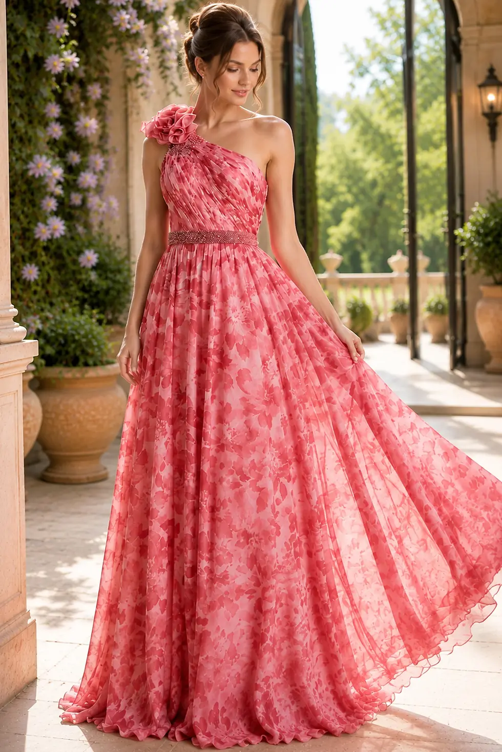 Thumbnail: Jovani Chiffon One Shoulder Beaded Belt Gown 49018