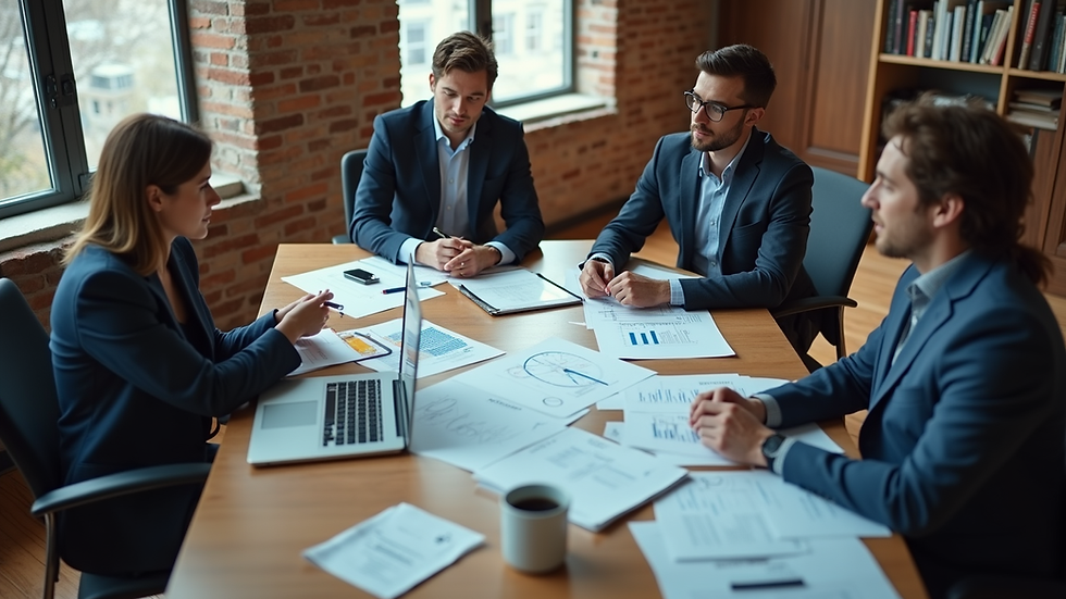 High angle view of a business meeting discussing digital marketing strategies