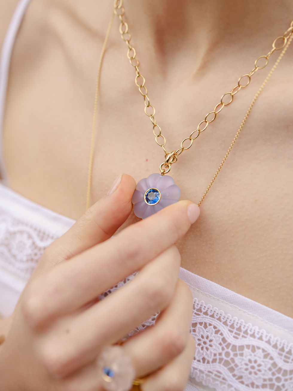 Thumbnail: Flower Lavender Chalcedony & Sapphire Pendant