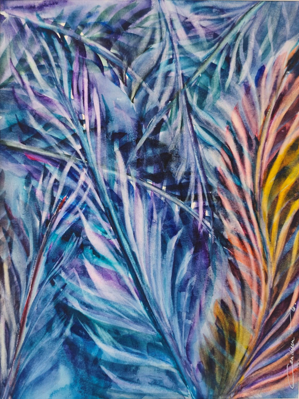 Aquarelle abstraite contemporaine aux nuances de bleu et de parme évoquant des formes végétales et organiques œuvre originale
