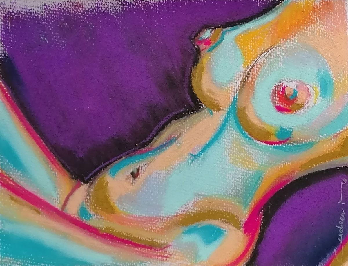 Nu contemporain réalisé au pastel dans des tons turquoise, rose, orange et violet, œuvre originale signée Cendreen Mo