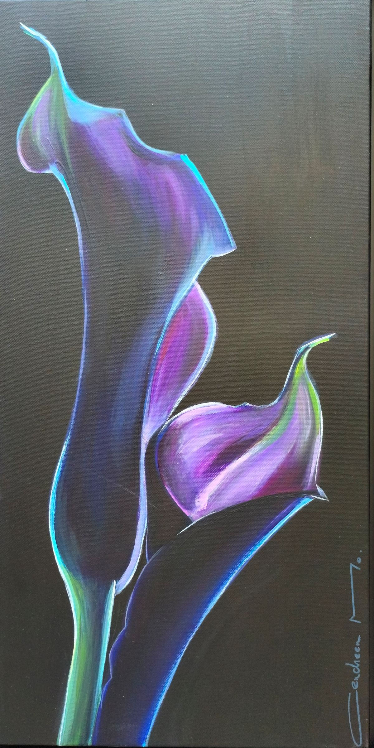 Peinture contemporaine d'arums violets sur fond noir, œuvre originale de Cendreen Mo.