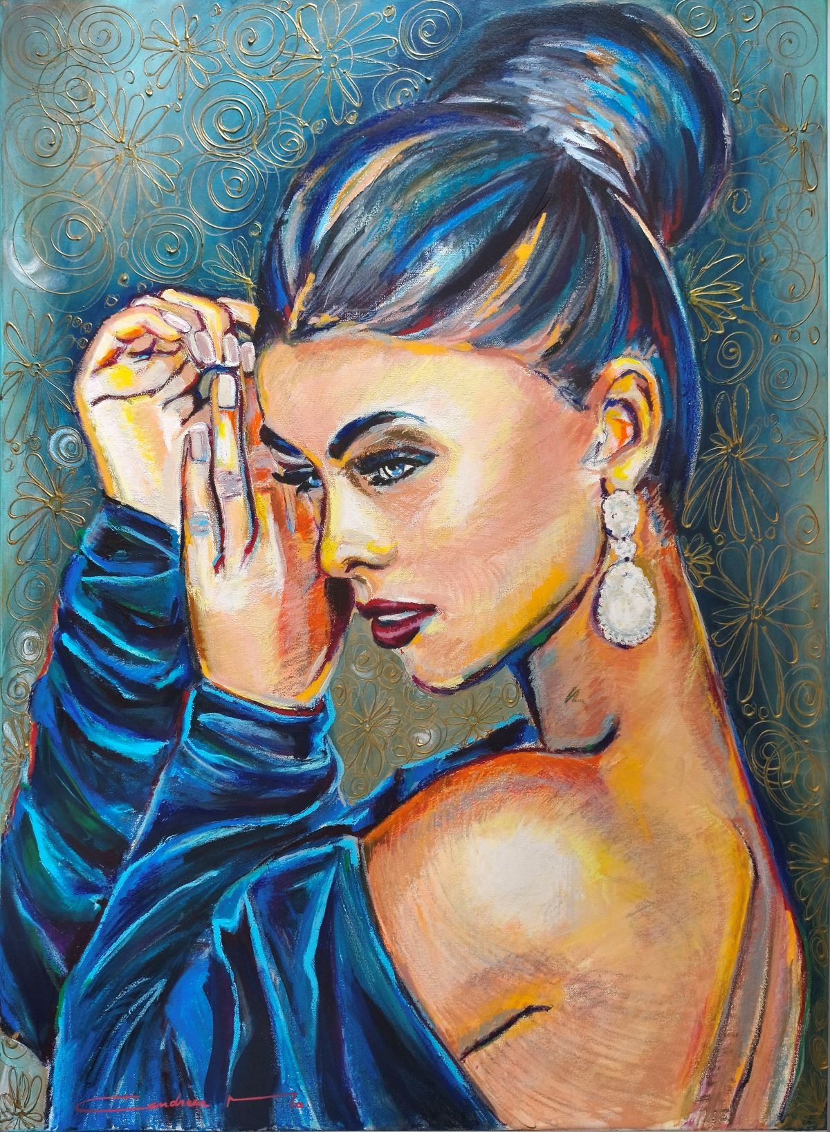 Portrait féminin contemporain bleu et or au pastel gras par Cendreen Mo.