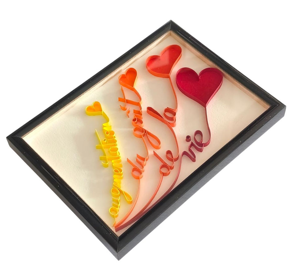 Tableau MO3D AUGMENTATION DU GOÛT DE LA VIE de Cendreen Mo avec écriture en relief multicolore et cœurs en Paper Art