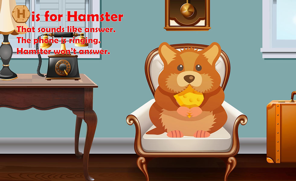 A is for Animals, Arm in Arm — H is for Hamster, a hamster eating cheese in an armchair by a ringing phone.