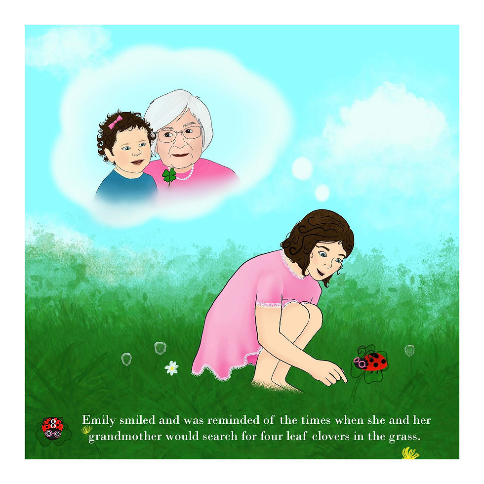 Thumbnail: The Ladybug Who Lived on a Four Leaf Clover — Emily searching for clovers in the grass, remembering her grandmother.