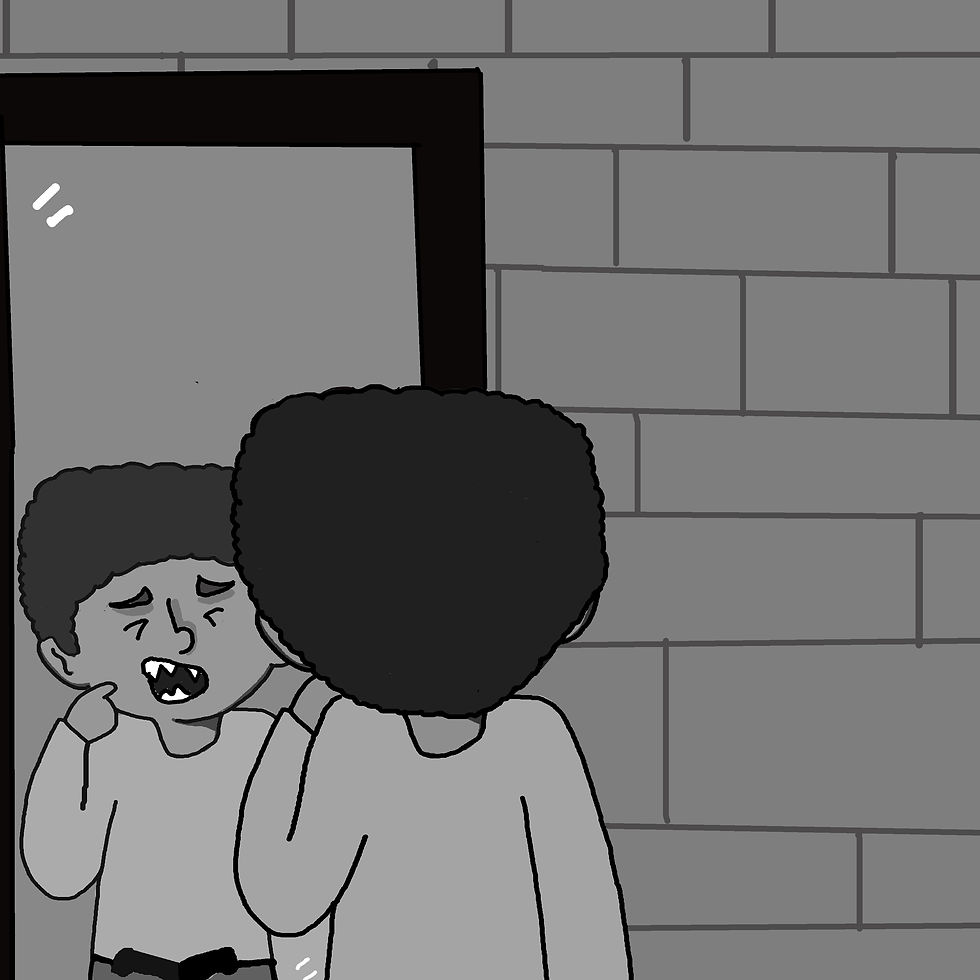 Charlie's Time to Shine — a boy in grayscale holding his cheek in pain at a mirror, the world drained of color.