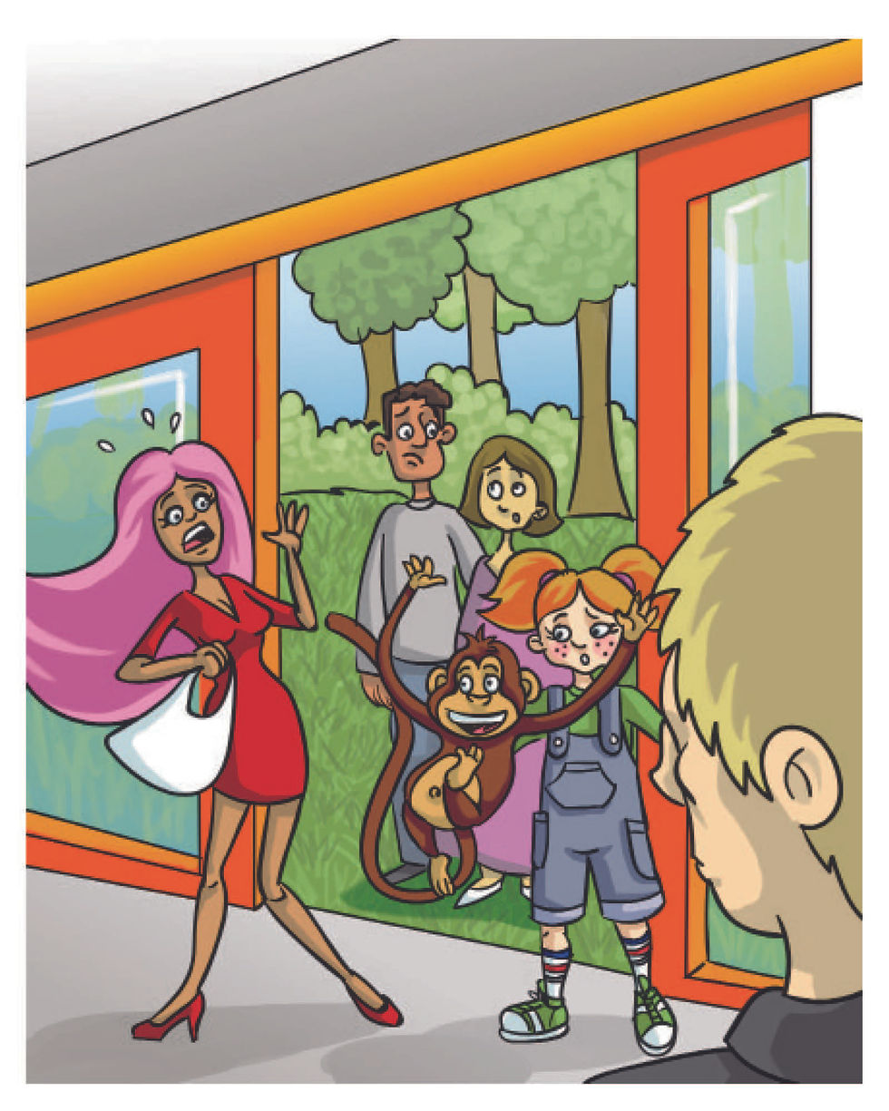 Monkey hanging on a girl's arm by a store window, scene from Never Take a Monkey to the Mall.