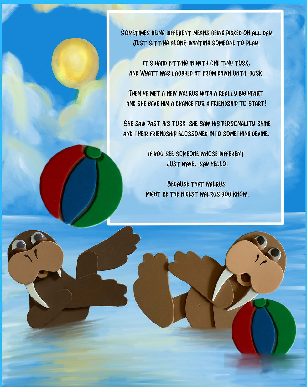 Wyatt The Walrus Makes A Friend back cover — two paper-craft walruses playing with beach balls in the water, with the story s