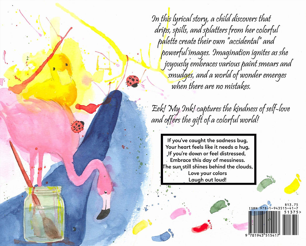 Eek! My Ink! back cover — a painted yellow duck and pink flamingo emerging from spilled watercolors, with the book's descript