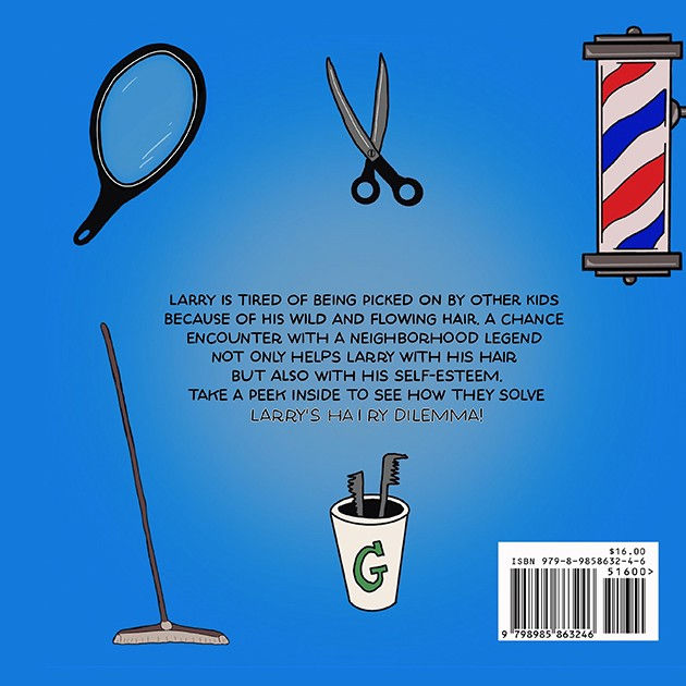 Larry's Hairy Dilemma back cover — barber tools and a striped pole on blue, with the story summary.