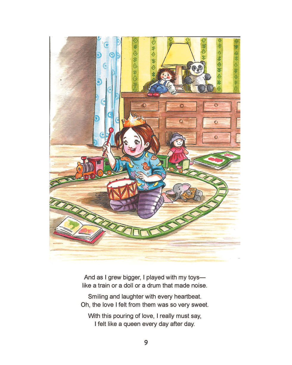 Josephine: The Xylophone Queen — young Josephine in a crown playing with a toy train and drum in her room.