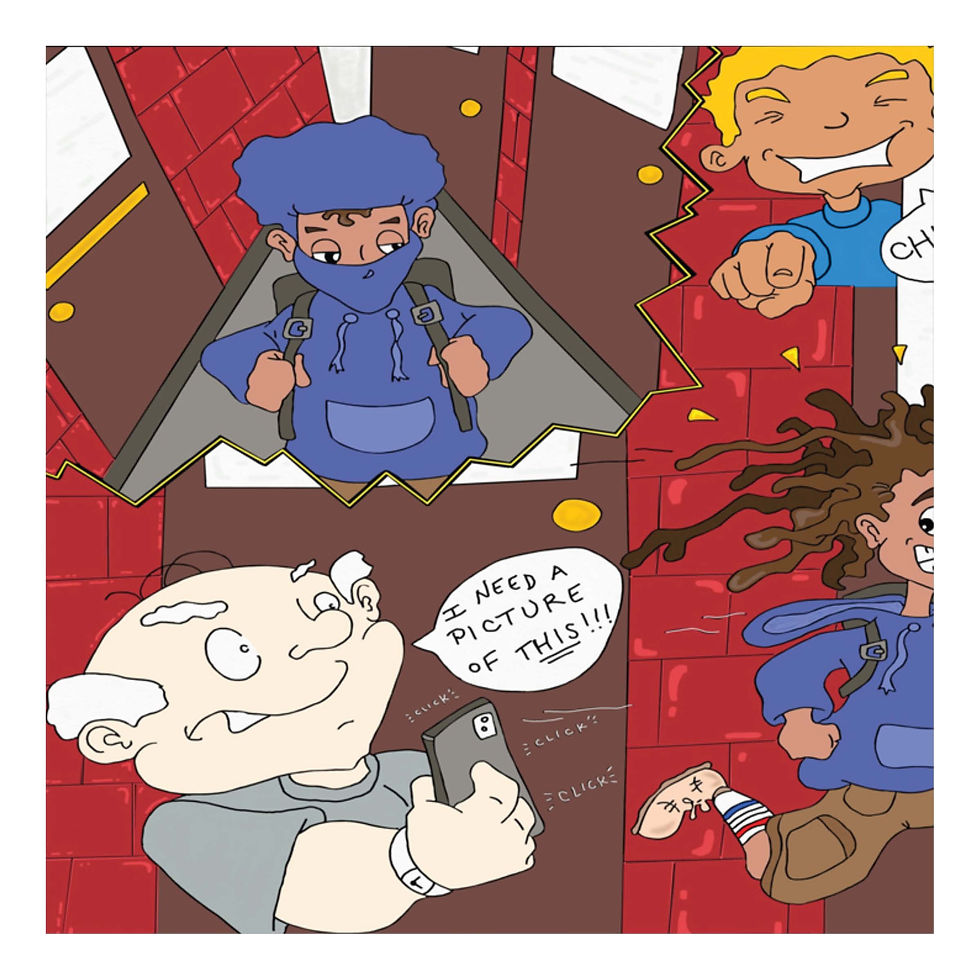 Thumbnail: Larry's Hairy Dilemma — Larry crowded by classmates pointing and taking pictures of his hair at school.