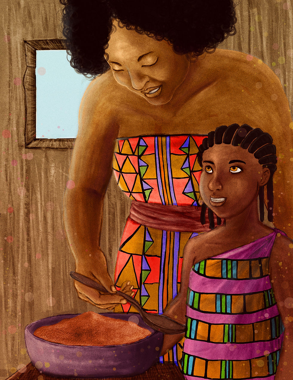 The Dance of the Antelope — a mother in patterned cloth cooking with her daughter at a bowl.