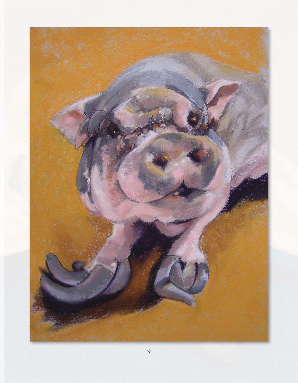 Strong Like Jane — a pastel painting of Jane the pig lying down against a warm gold background.
