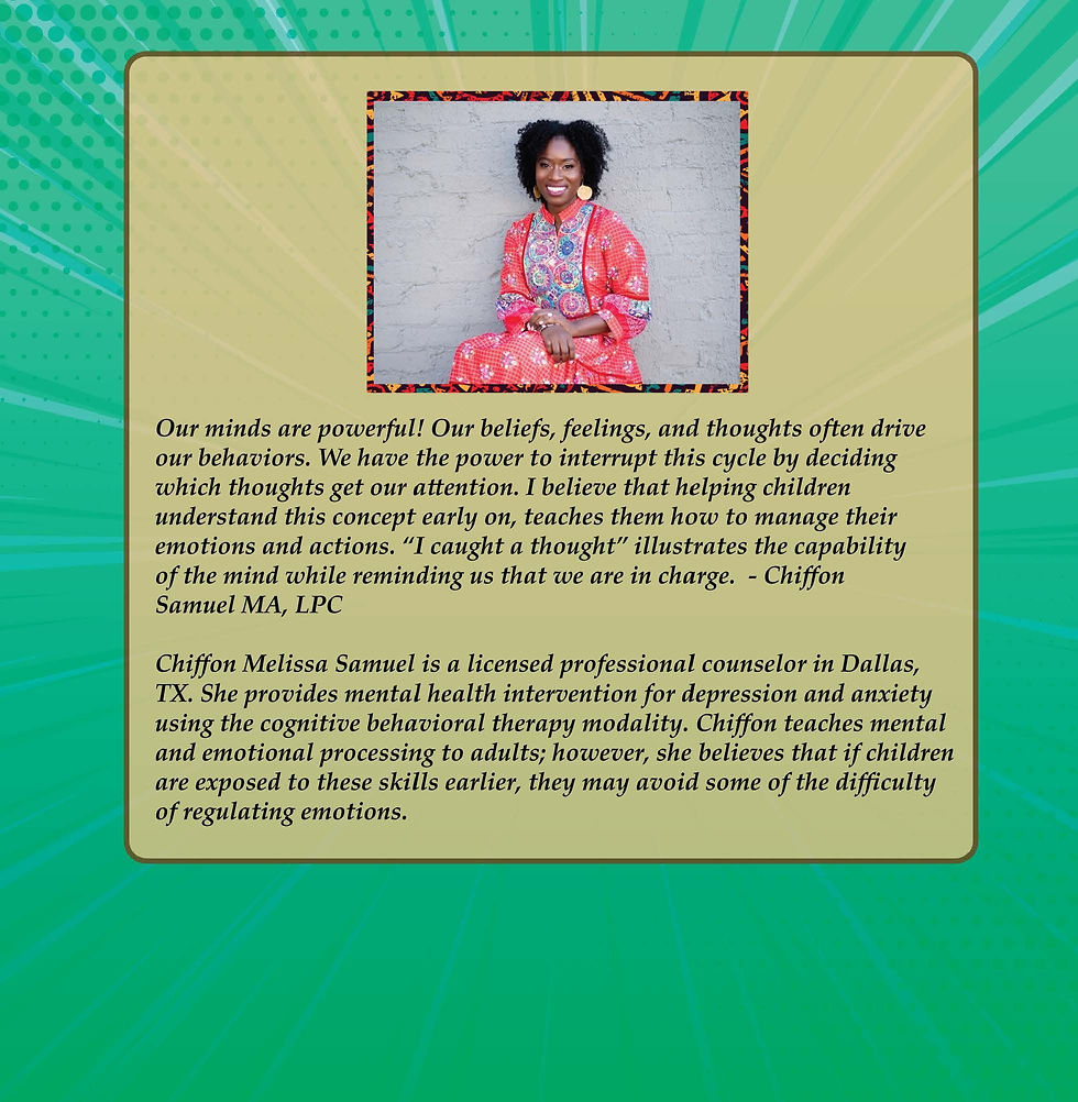 I Caught A Thought back cover — a note from licensed counselor Chiffon Samuel on helping children manage their thoughts.