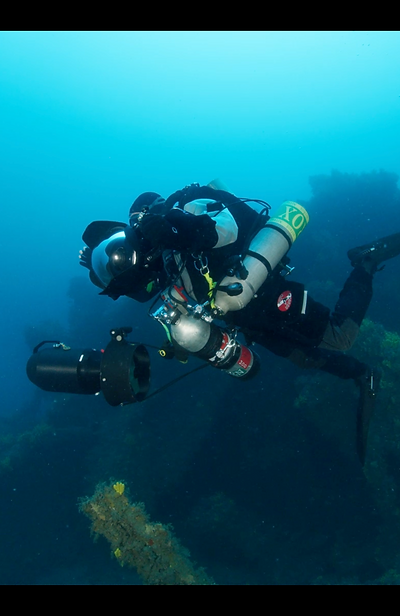 Rebreather Diver diving into a Gallipoli Ship Wreck HMS Triumph