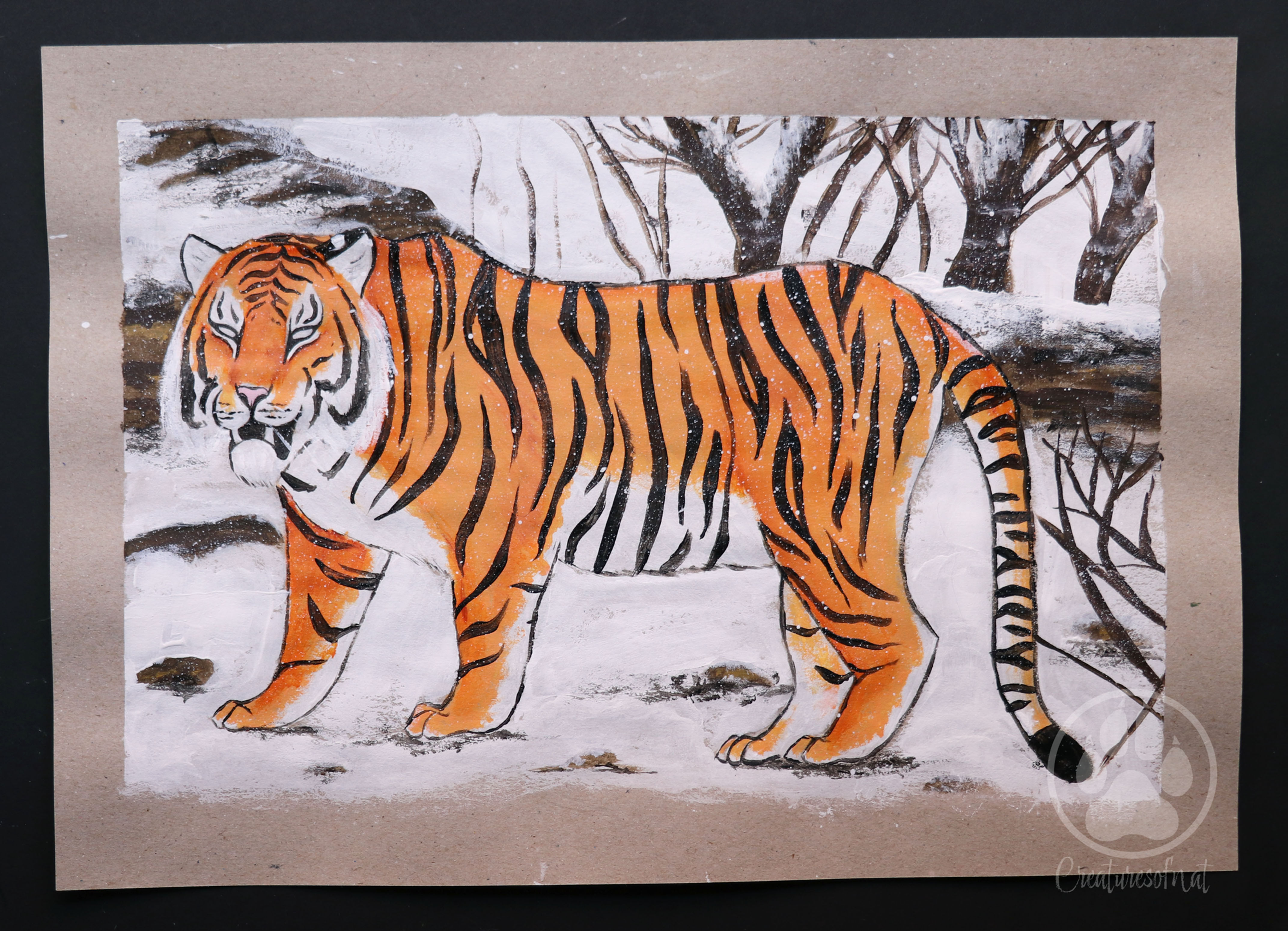 Standing Snow Tiger - Acrylic Painting on Recycled Paper