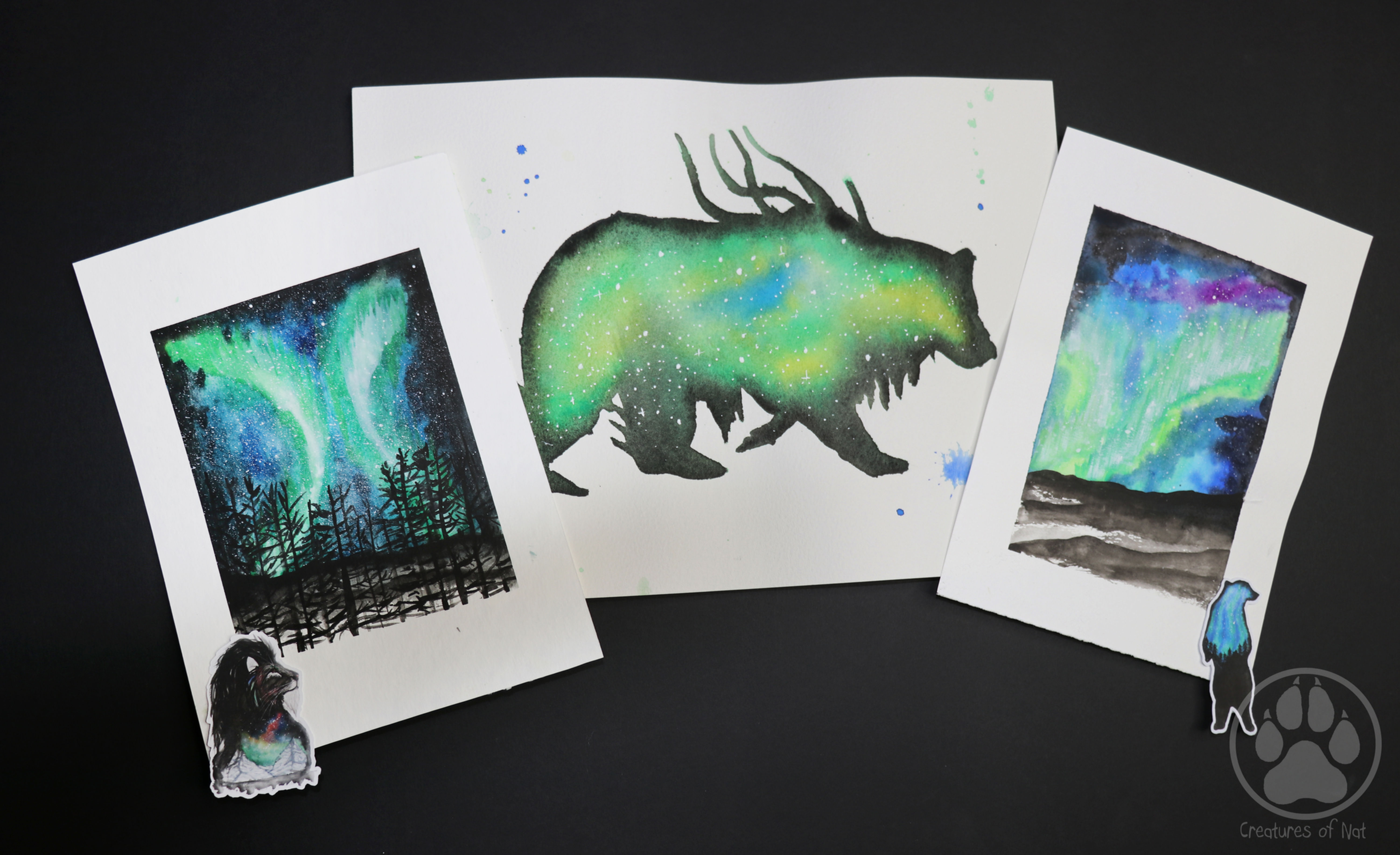 Green bear aurora - pack of Watercolour Paintings