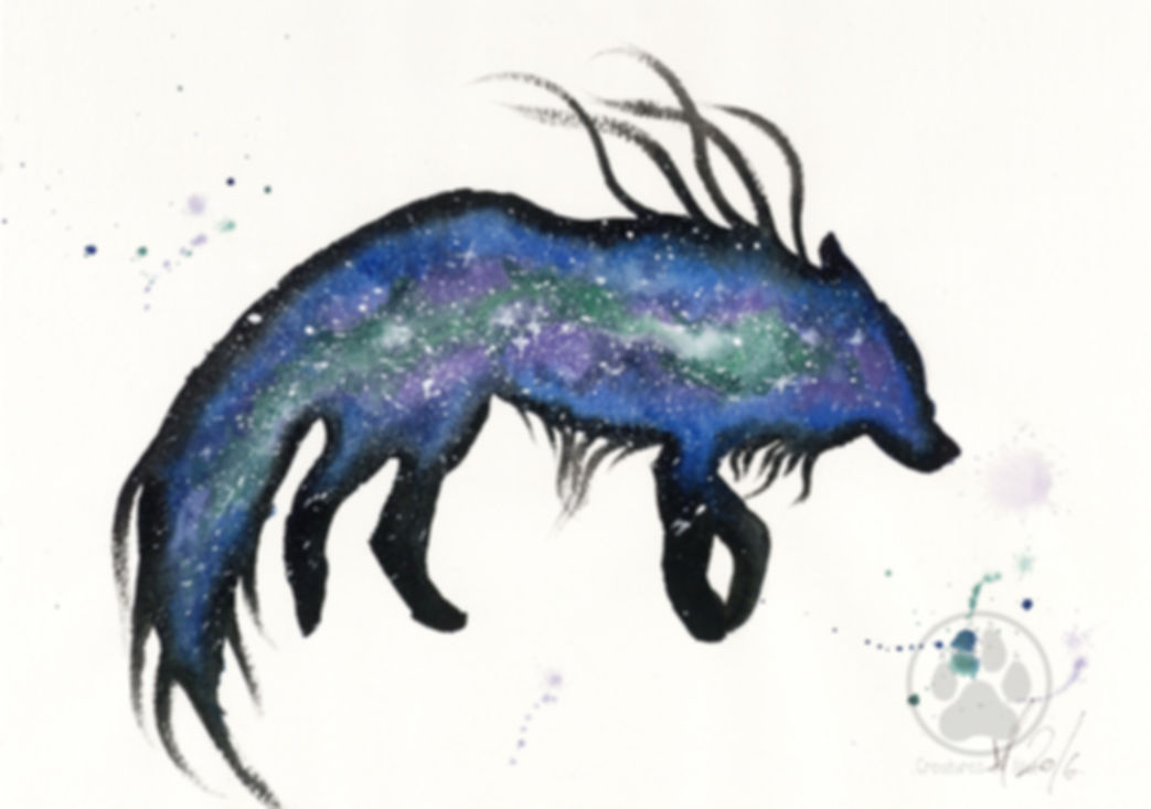 ORIGINAL Watercolour Painting - Green Blue Nebular Wolf.