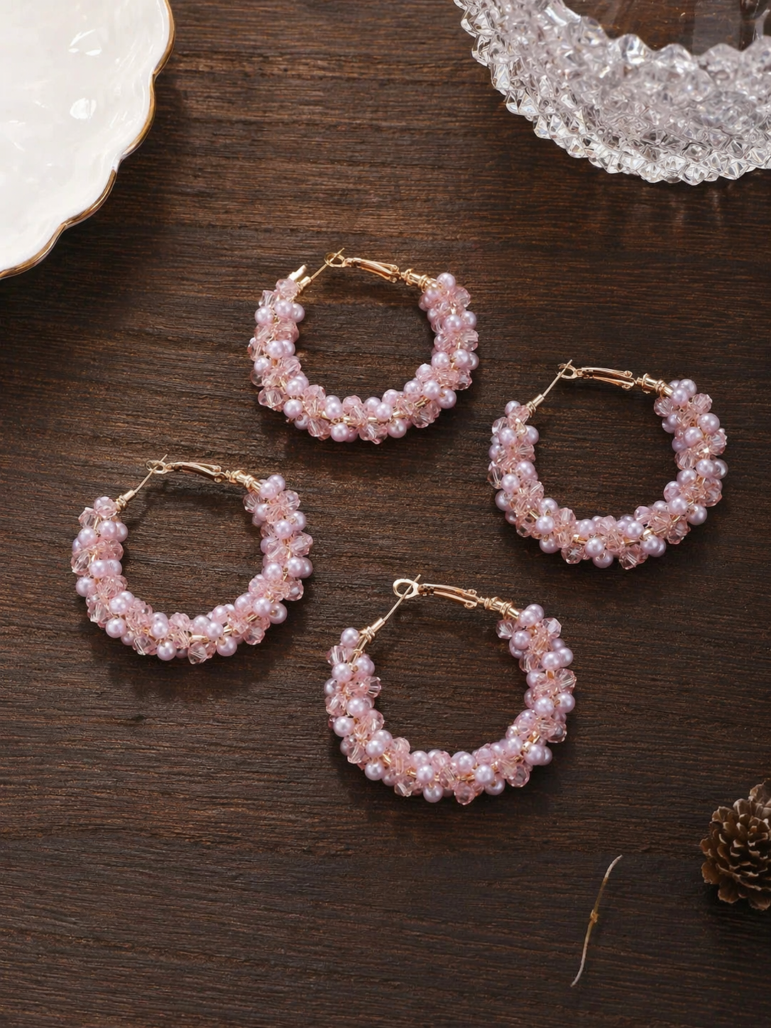 Women's Pink Circle Earrings with Faux Pearl & Crystal Accents