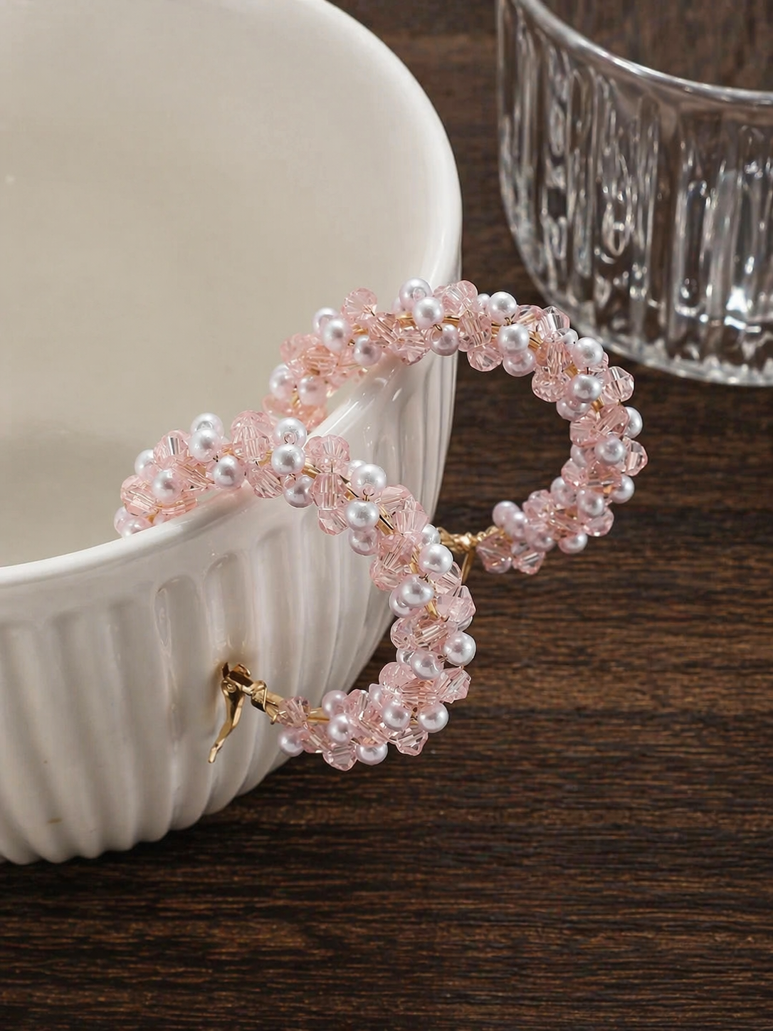 Women's Pink Circle Earrings with Faux Pearl & Crystal Accents