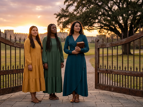 Young women standing confidently near a protective boundary, symbolizing safety, peace, and standard