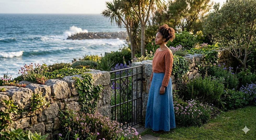 a woman looking out over a gate